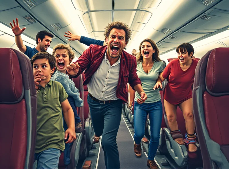 Illustration of a chaotic scene on an airplane with passengers and crew trying to restrain a disruptive individual.