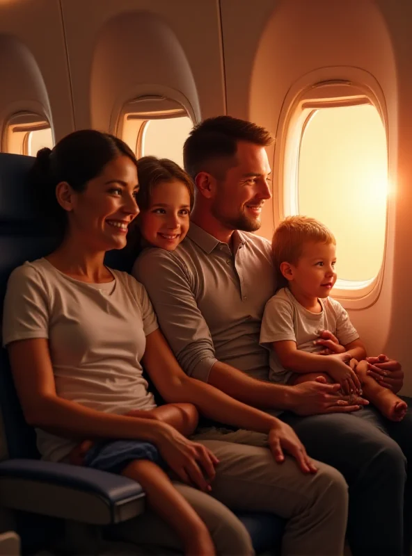 A family sitting together on an airplane, looking happy and relaxed.