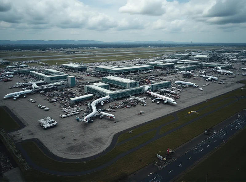 Aerial view of a busy airport with many airplanes