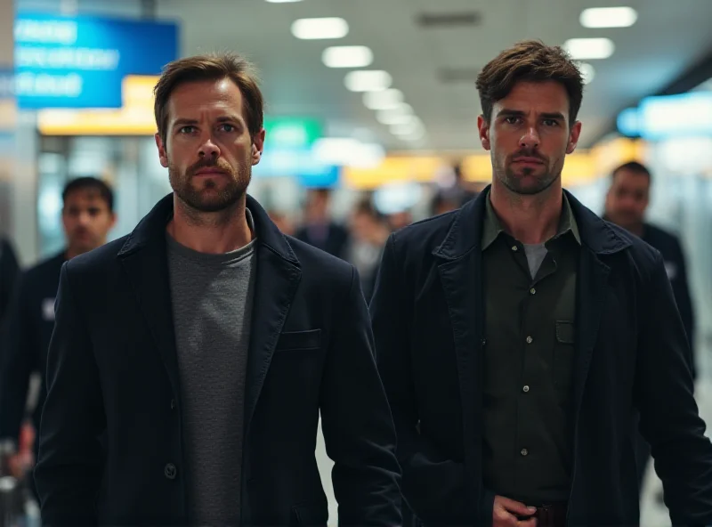 Andrew Tate and Tristan Tate arriving at an airport, surrounded by security, looking serious.