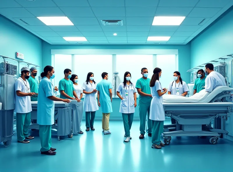 Illustration of a hospital emergency room with a diverse group of nurses and doctors tending to patients, with an emphasis on safety and security measures.