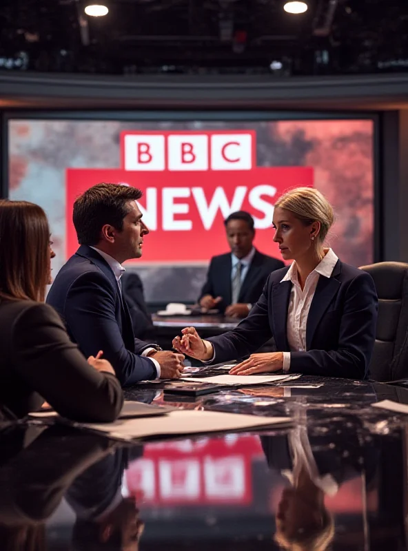 A news broadcast studio with the BBC logo prominently displayed on a screen in the background. The scene is professional and serious, reflecting the gravity of the news being reported.