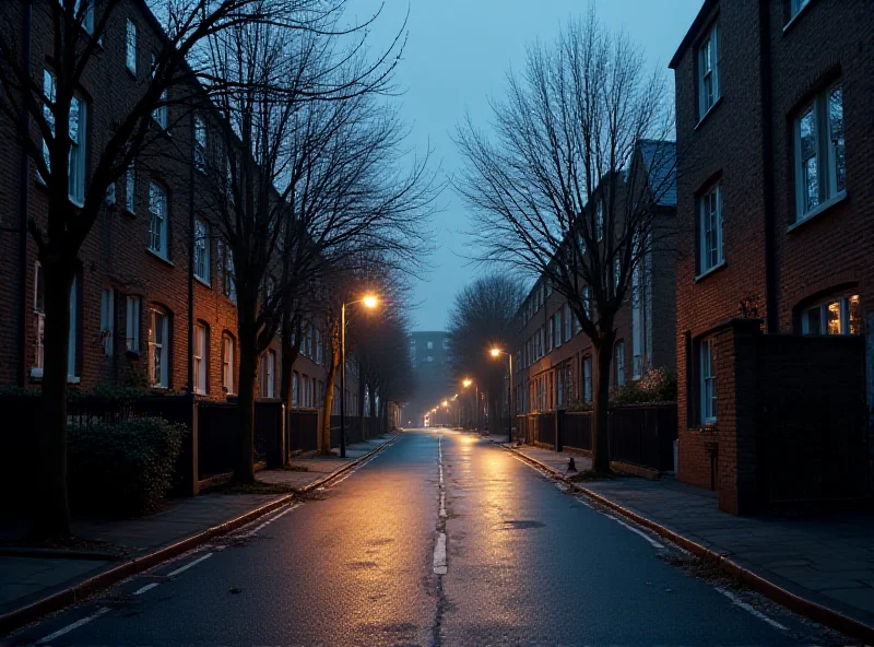 A somber image of a quiet street in Islington, London, possibly at twilight. The scene should evoke a sense of peace and reflection, while also hinting at the underlying sadness of the event that occurred there.