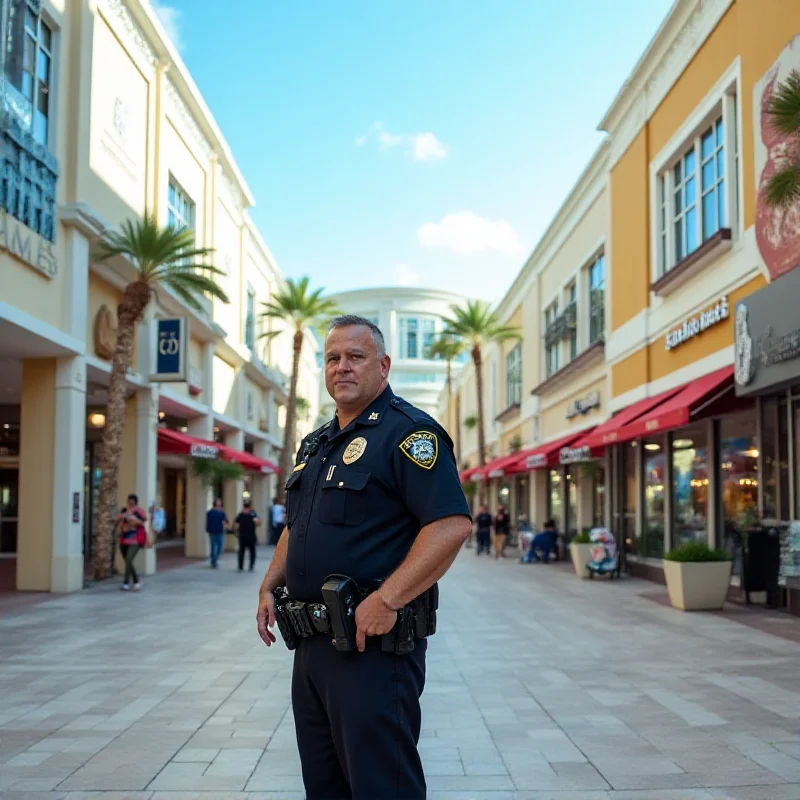 A police officer standing next to a shopping mall in Orlando, Florida