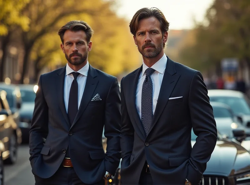 Andrew and Tristan Tate standing in front of a luxury car, looking serious and confident.