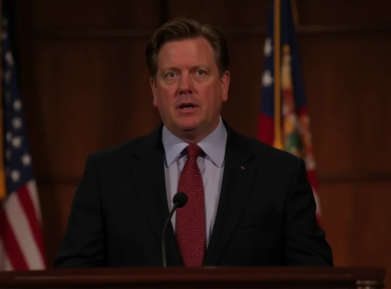 A stern-faced Ron DeSantis delivering a speech at a podium with the Florida state flag in the background.