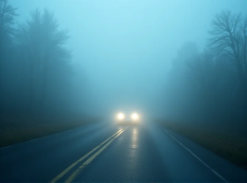 A car driving through very dense fog on a rural road