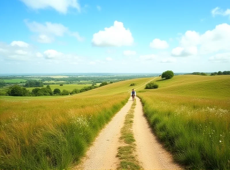 A tranquil footpath winding through the Dorset countryside, with rolling hills and a clear sky