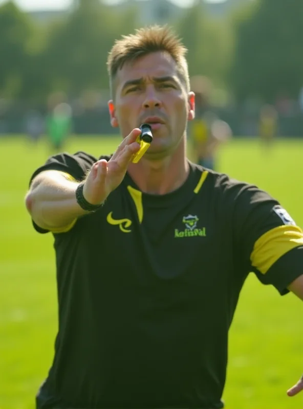 A soccer referee blowing his whistle during a game.