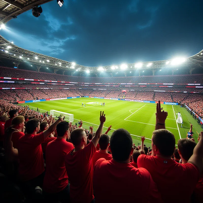 A wide shot of a packed soccer stadium with cheering fans.