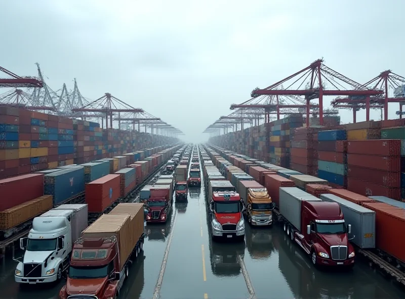 A long line of semi-trucks waiting to load and transport goods at a busy port, symbolizing logistical challenges and freight costs.