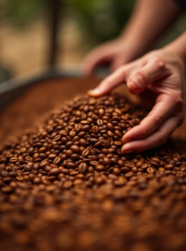 A close-up shot of coffee beans being sorted and processed, highlighting the labor and complexities involved in the coffee supply chain.