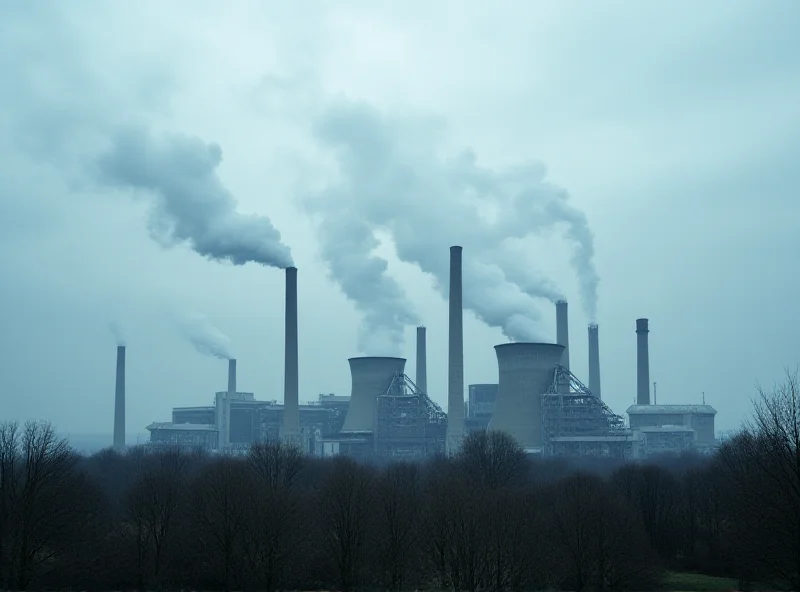 A sprawling power plant with smokestacks against a cloudy sky, representing the challenges and environmental concerns associated with energy production.