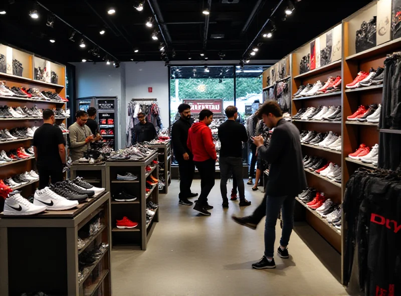 A brightly lit Foot Locker store interior with customers browsing shoe displays.