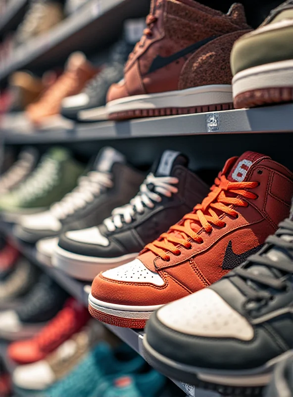 A close up shot of various athletic shoes on display in a Foot Locker store.