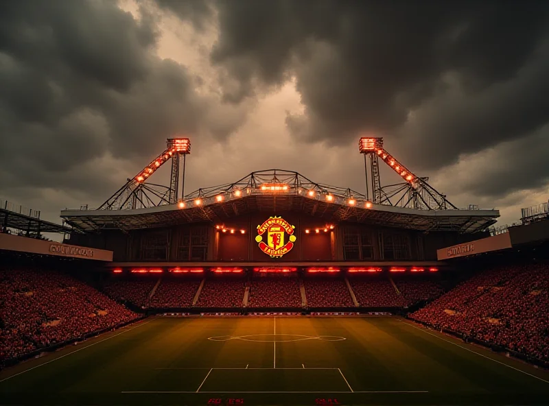 Exterior view of Old Trafford stadium, home of Manchester United, under a dark and stormy sky.