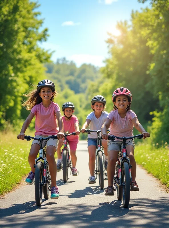 A group of diverse children happily cycling together on a dedicated bike path.