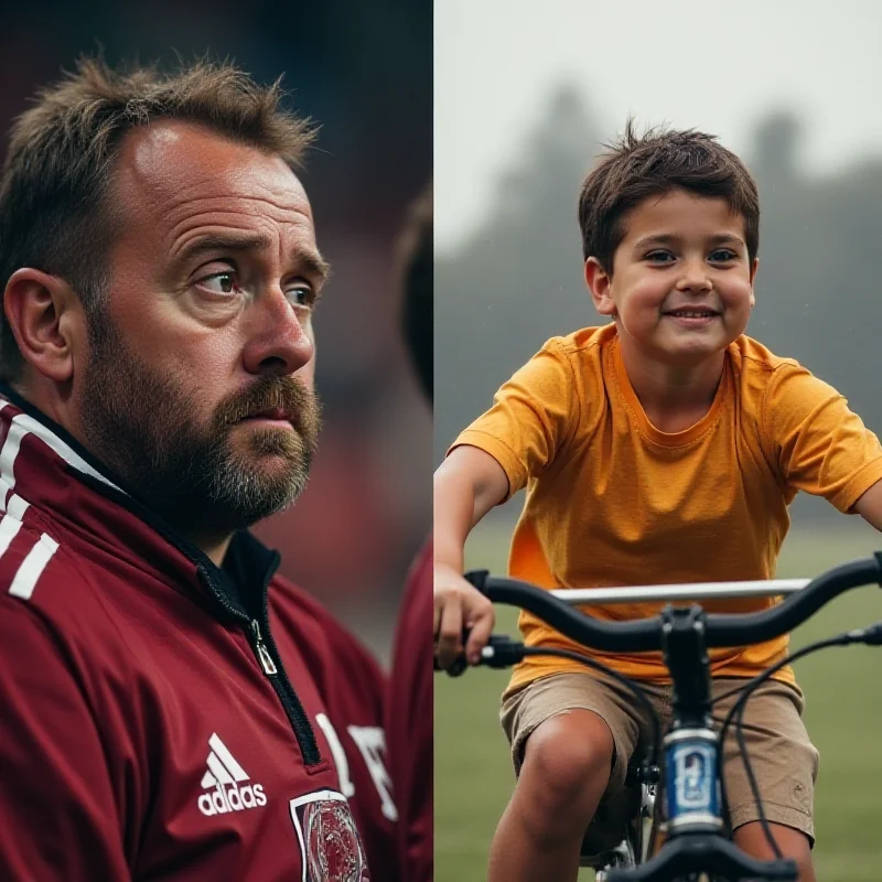 A split image showing concerned football fans on one side and children happily cycling on the other.