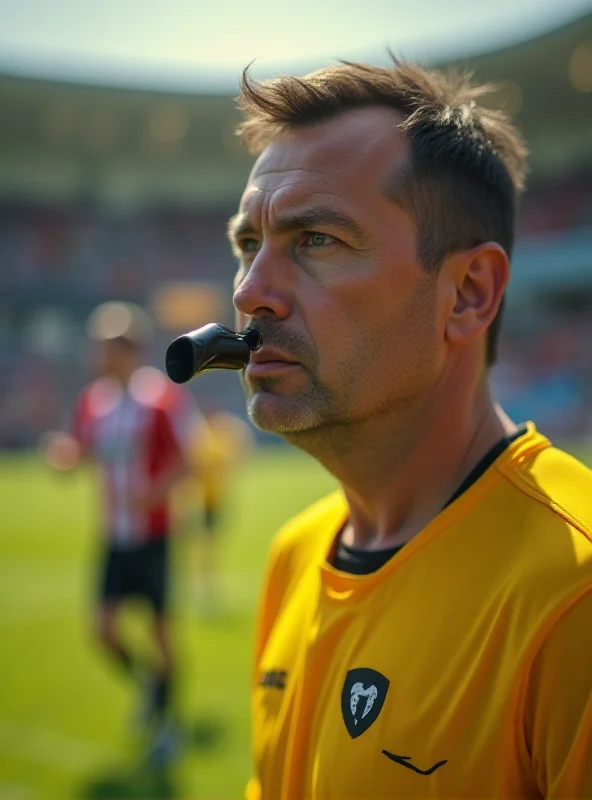 A referee blowing a whistle during a soccer match.