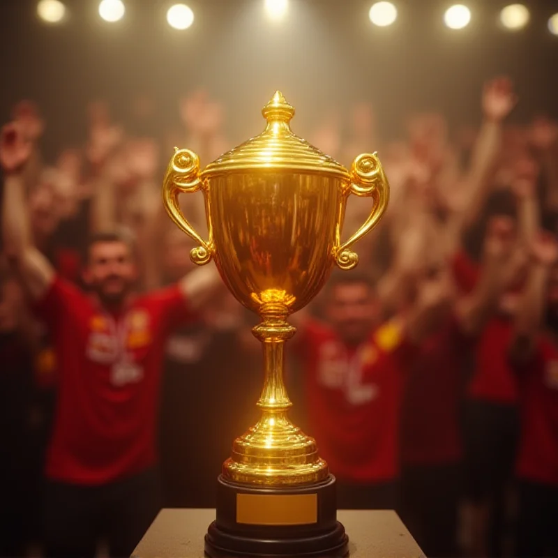 A shiny golden trophy sitting on a pedestal with a cheering crowd in the background.