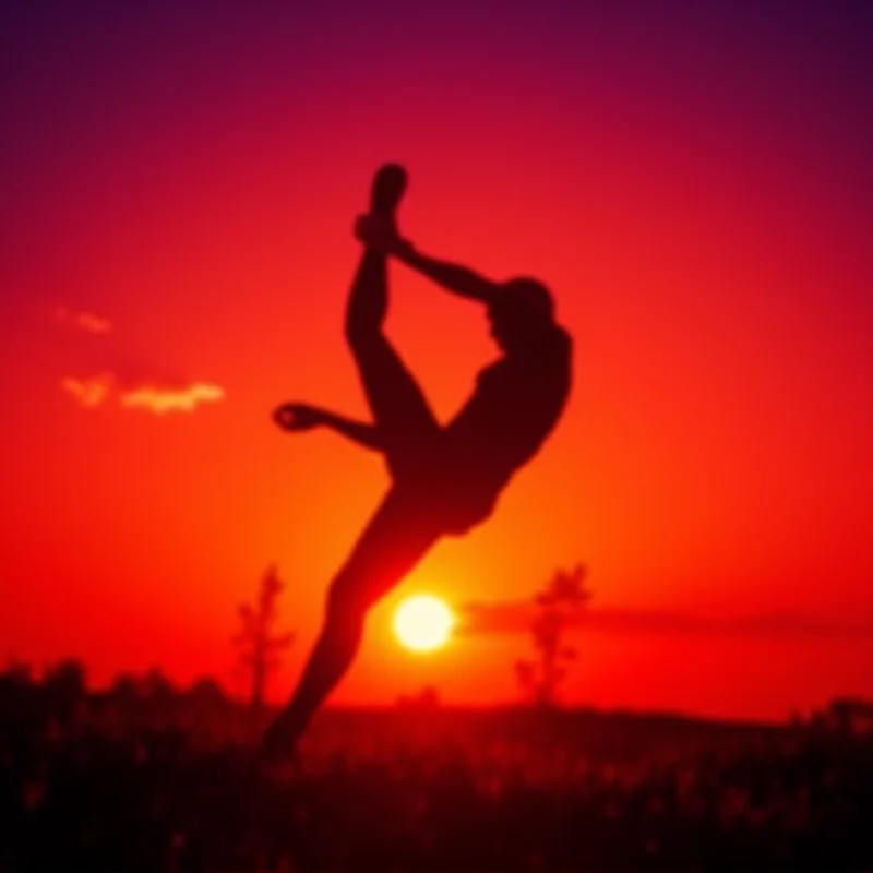 A silhouette of a soccer player kicking a ball in a dramatic pose against a sunset background.