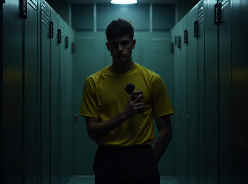 Image of a young referee looking concerned in a changing room.