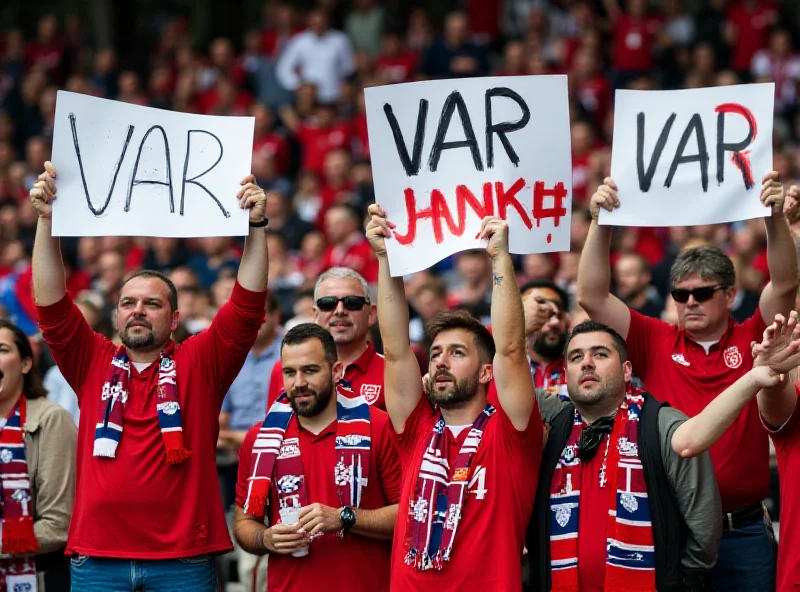 Norwegian football fans holding signs expressing their opinions about VAR.