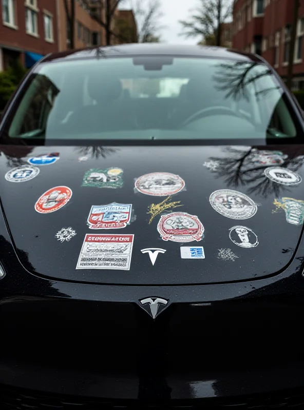 Tesla car tagged with stickers.