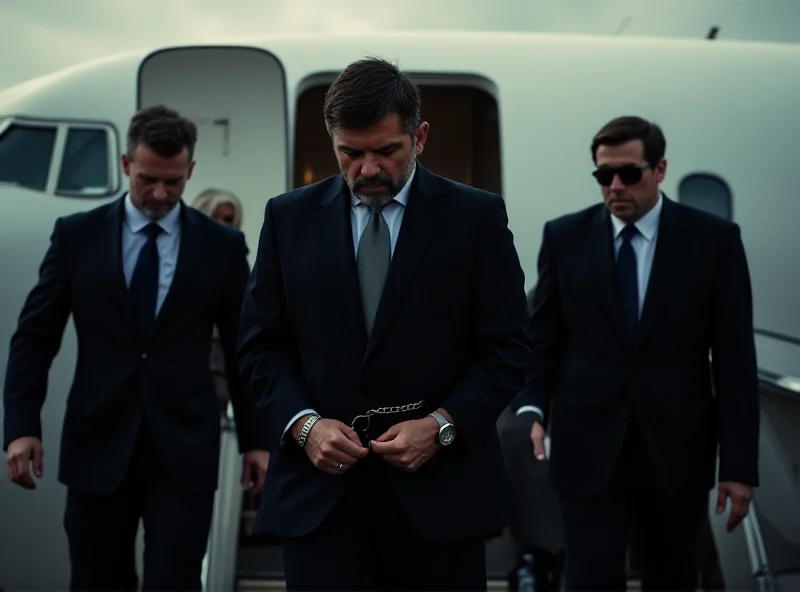 A dramatic scene depicting the cartel figure being escorted by U.S. agents after arriving on a plane.