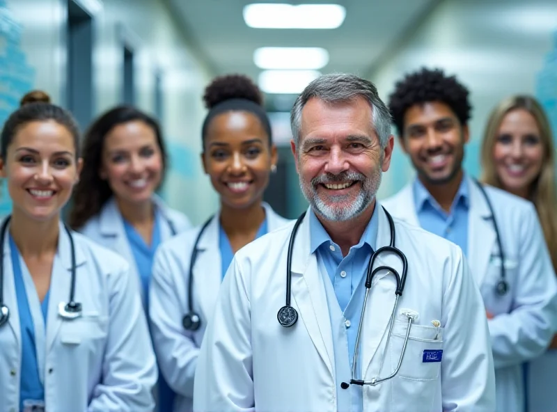 A diverse group of doctors and nurses standing together in a hospital hallway, smiling and looking confident. The setting is modern and well-lit, conveying a sense of teamwork and professionalism.