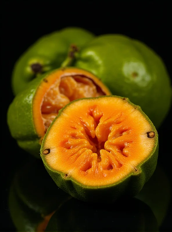 Close-up shot of Garcinia cambogia fruit, sliced open to reveal the pulp and seeds. The fruit is vibrant green and orange, contrasting with a dark background. The lighting is dramatic, highlighting the texture and details of the fruit.