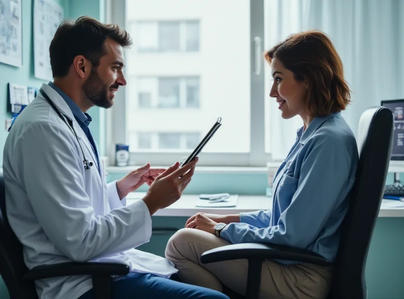 A doctor in a white coat is talking to a patient. The patient is sitting in a chair and the doctor is standing next to them, holding a tablet and pointing at the screen. They are in a bright and clean examination room, with medical charts and equipment visible in the background.