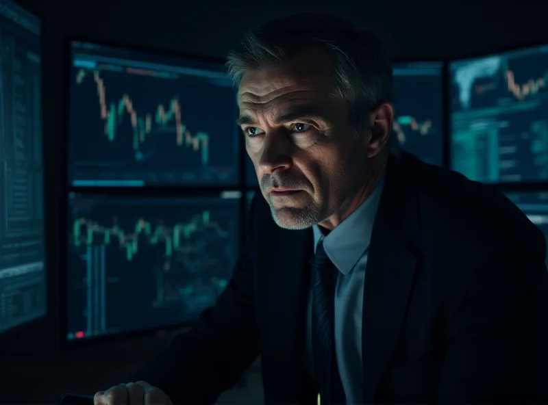 A worried investor looking at stock market charts on multiple screens.