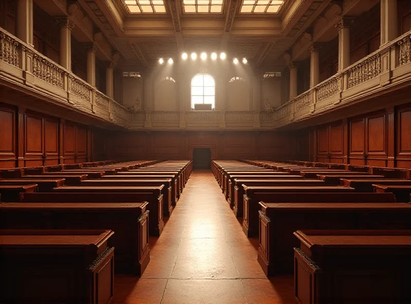 Interior of the Paris Court of Justice temporary courtroom, showing empty benches and desks.