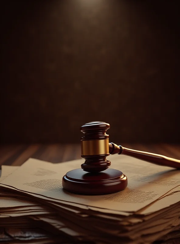 A gavel resting on a stack of legal documents in a courtroom setting.