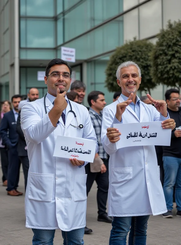 Image of Algerian doctors protesting with signs in front of a hospital.