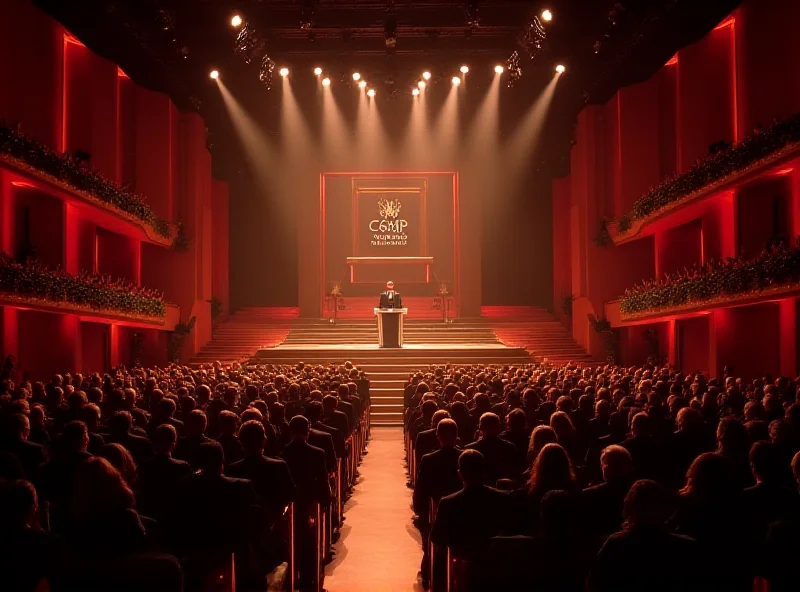 Wide shot of the César Awards ceremony stage with presenters and a large audience in the background.