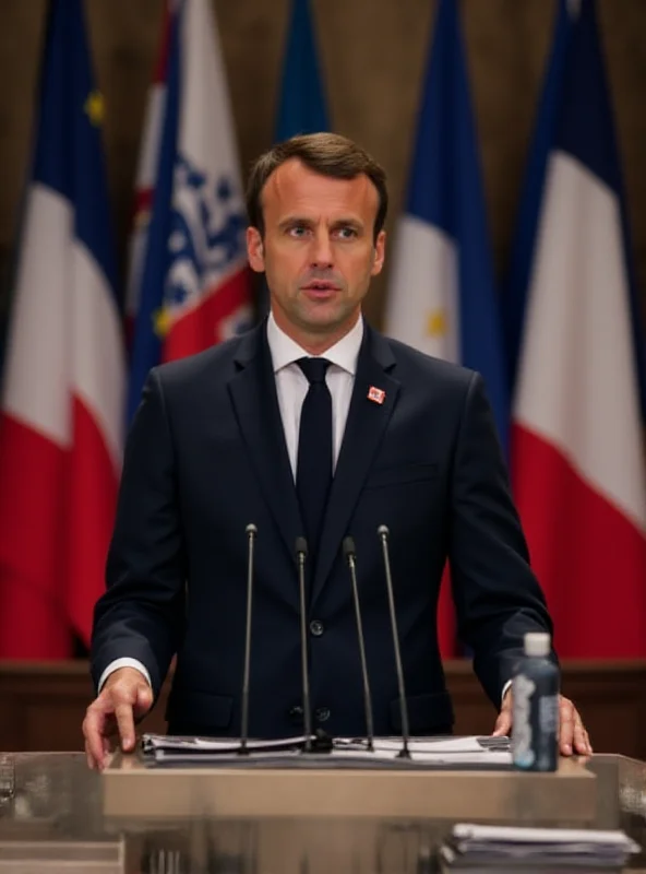 Emmanuel Macron giving a speech at a European Union summit, surrounded by other European leaders.