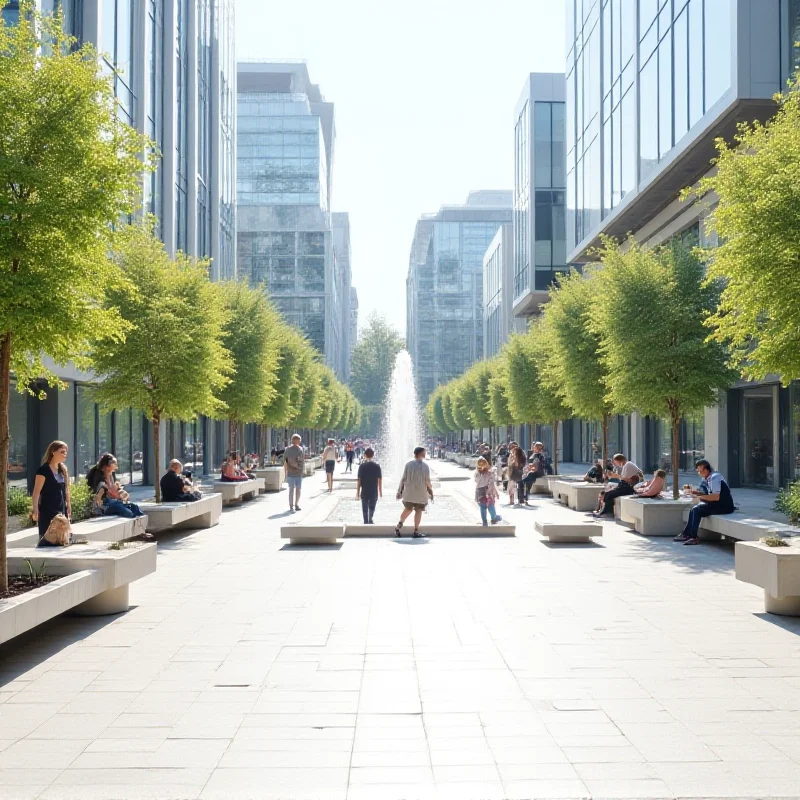 A modern public square in a European city, filled with diverse people interacting and enjoying the space.