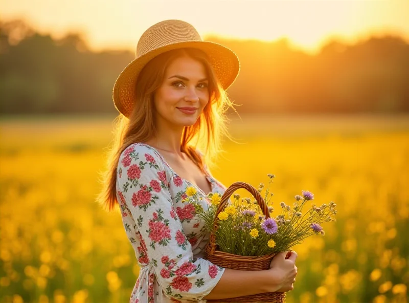 A person dressed in a cottagecore style outfit, standing in a field of wildflowers.