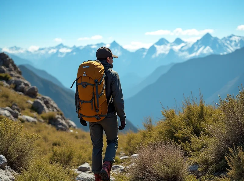 A person dressed in a gorpcore style outfit, hiking in a mountainous landscape.