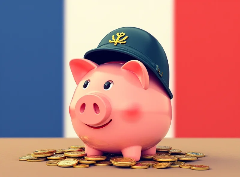 Illustration of a piggy bank with a military helmet on top, suggesting taxation for defense spending.