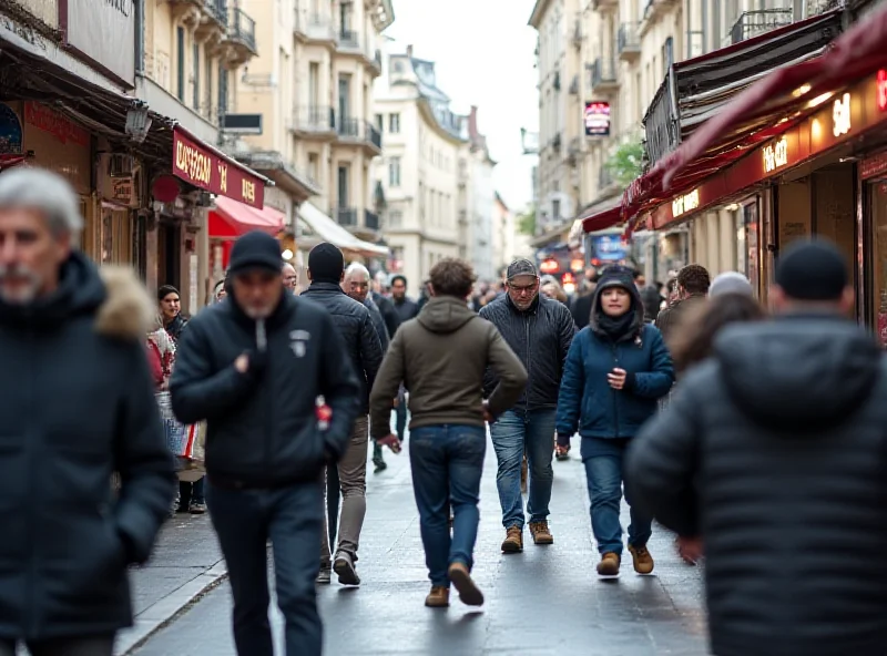 A busy street scene in Mulhouse, France, with a diverse crowd of people walking and shopping. The image should evoke a sense of everyday life and normalcy, contrasting with the potential threat of violence. Focus on capturing the vibrant atmosphere of the city.