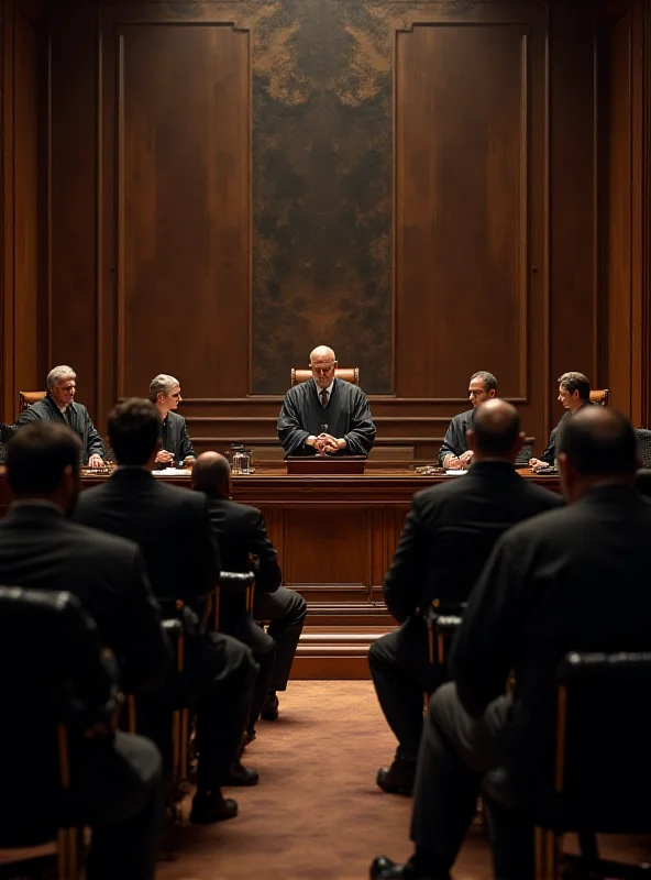 A courtroom scene in France. Focus on the atmosphere of tension and anticipation. The judge sits at a high bench, surrounded by legal documents. Lawyers are seated at tables, conferring with their clients. Members of the public are observing from the gallery. The scene should convey the weight and seriousness of the legal proceedings.