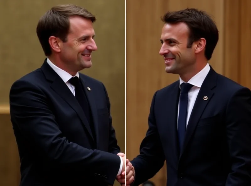 A split screen image. On one side, Emmanuel Macron is shaking hands with Volodymyr Zelenskyy in Kyiv. On the other side, Emmanuel Macron is addressing the United Nations General Assembly in New York. The split screen highlights Macron's engagement on both the Ukrainian dossier and the broader international stage.