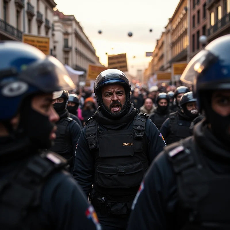 A protest scene in Marseille following the death of Nahel. Focus on the tension and emotion of the crowd. There are signs and banners with slogans protesting police brutality. Some protesters are clashing with police officers in riot gear. The image should convey the anger and frustration of the community.