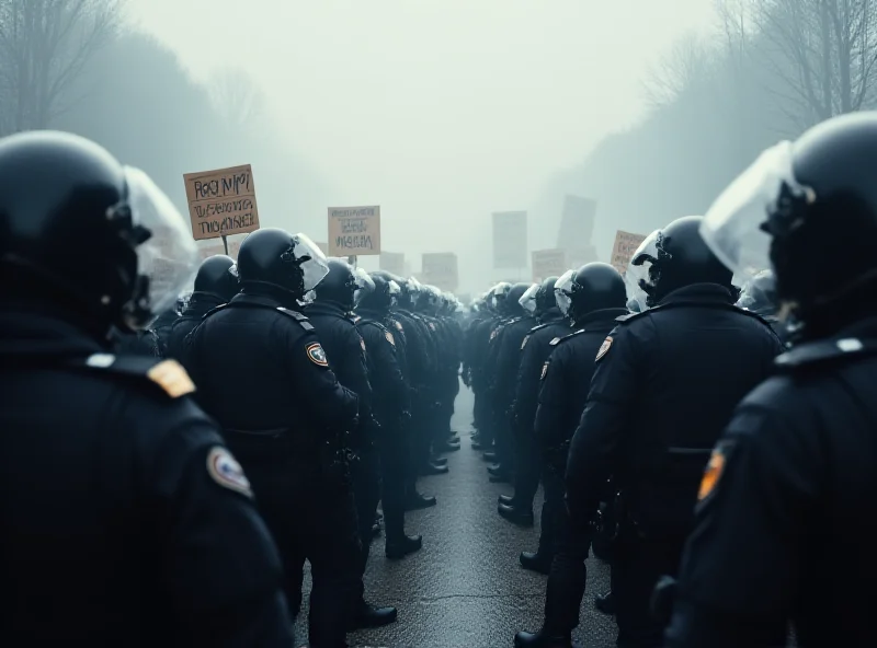 A protest scene with police in riot gear facing protestors holding signs, with a blurry background and a sense of tension.