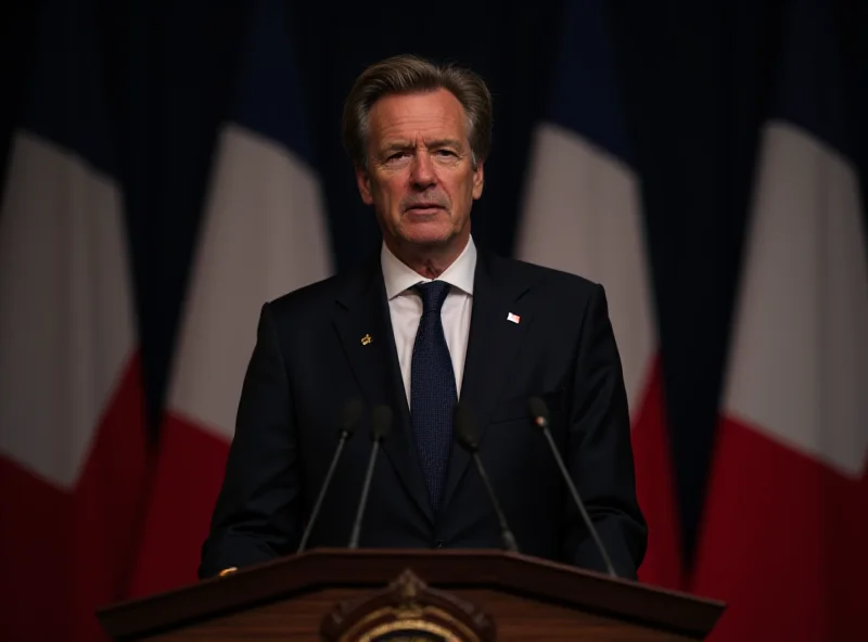 Dominique de Villepin standing at a podium addressing a crowd. He is wearing a suit and tie, and the background features flags and official insignias.