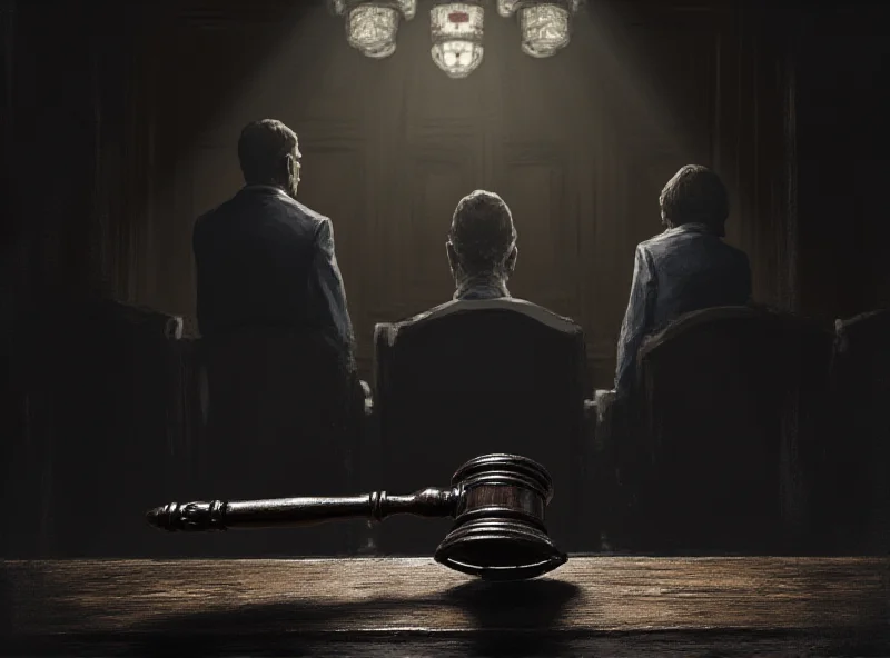 Illustration of a courtroom with symbolic figures representing justice and accountability.