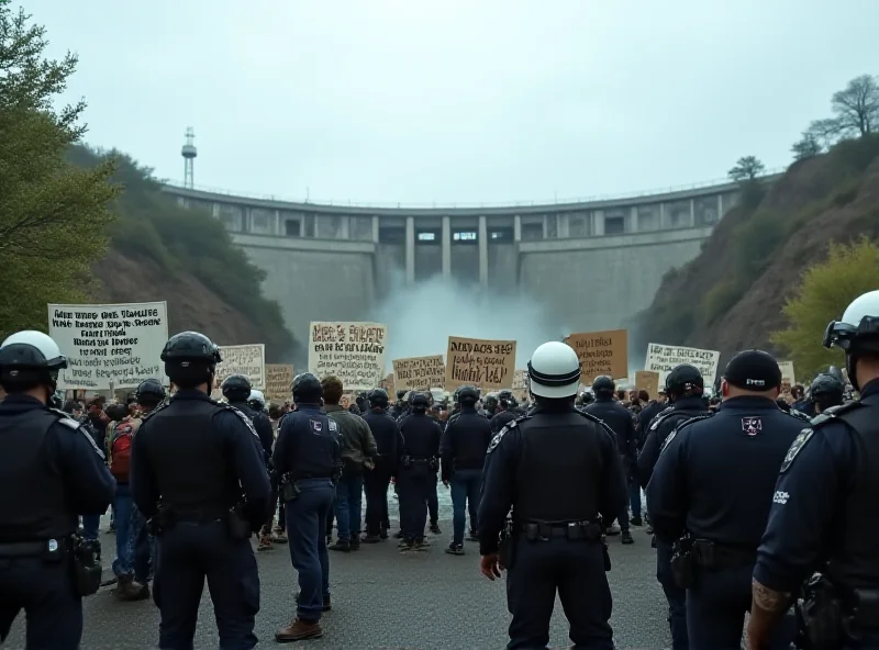 Protestors holding signs and banners at a demonstration in front of a large dam, with police in riot gear standing guard in the background.